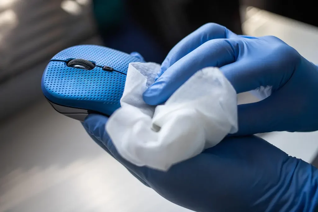 Janitor sanitizing computer mouse