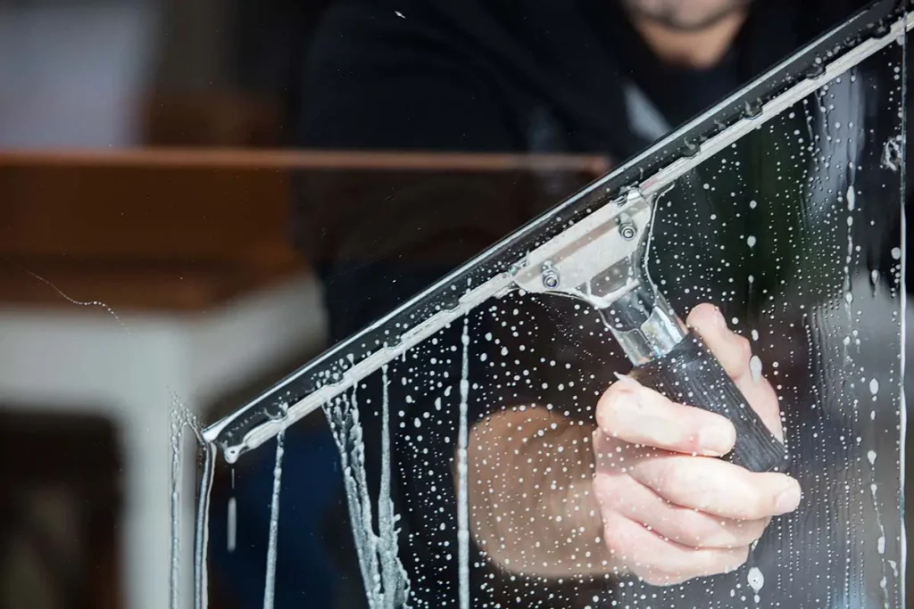 Windows being cleaned with a squeegee