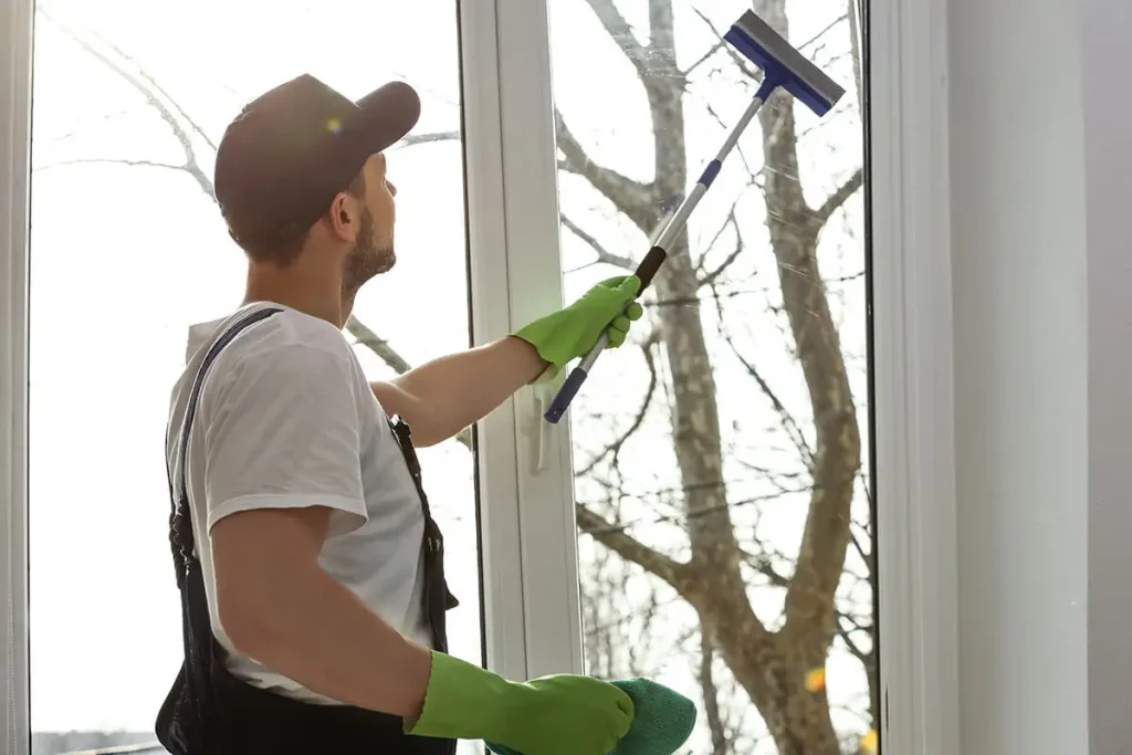 Janitor cleaning windows with squeegee and cloth