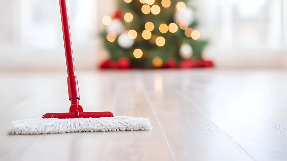 Mop cleaning floor with blurry Christmas tree in the background.