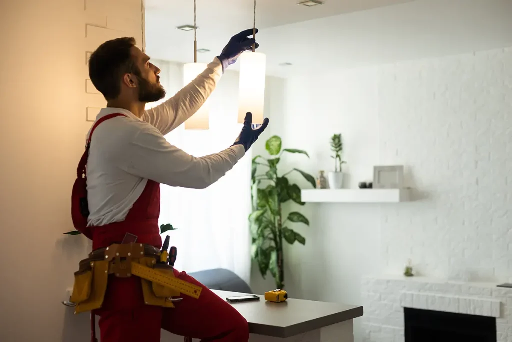 Electrician handyman assembling electric lamps in office building