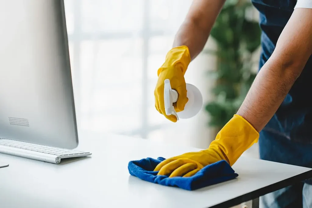 Janitor using spray bottle and cloth to wipe down office desk