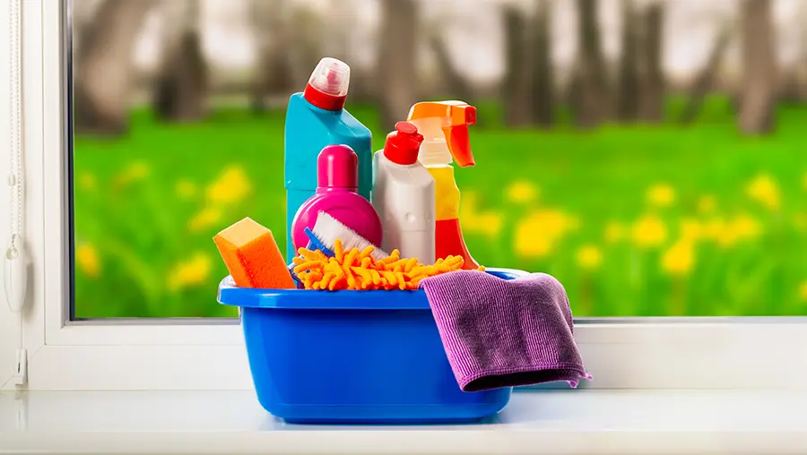 Collection of cleaning supplies sitting next to a window looking at a field of spring flowers